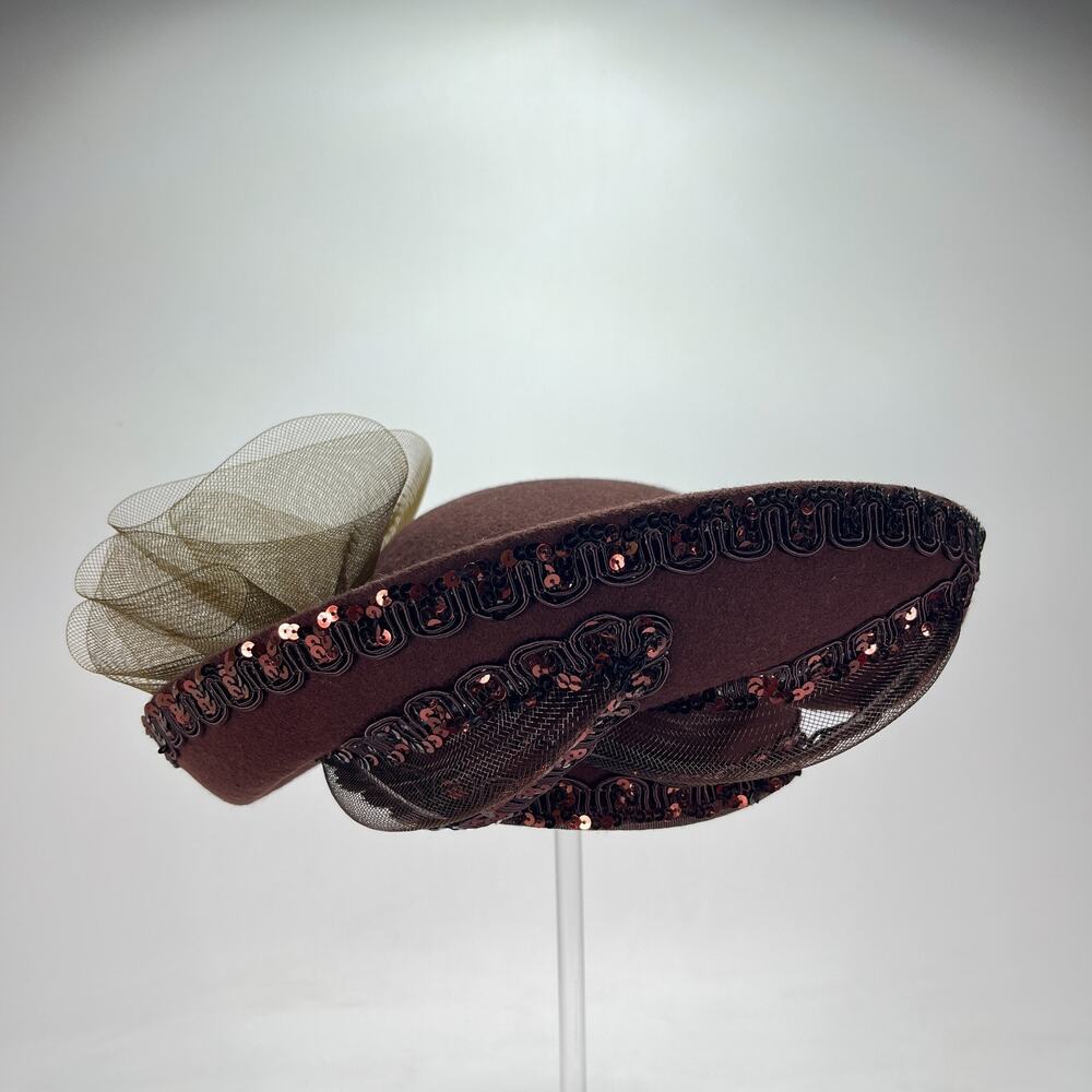 Deborah New York Slanted Cloche Brown Wool Sequin Soutache Dress Hat Women's